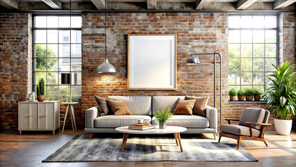 Canvas mockup in loft living room interior, industrial style, 3d render, white Mock up frame