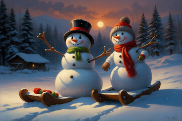 Fototapeta premium Cute snowmen in hats and scarves