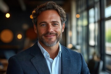 Obraz premium corporate success portrait confident businessperson in crisp attire standing tall in sleek glass office warm smile conveying approachability and leadership