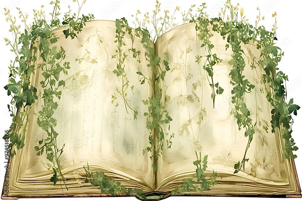 Canvas Prints Open Book Covered in Vines and Flowers.