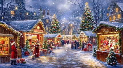 Festive winter market bustling with holiday shoppers in a snowy village at night, adorned with twinkling lights and Christmas trees
