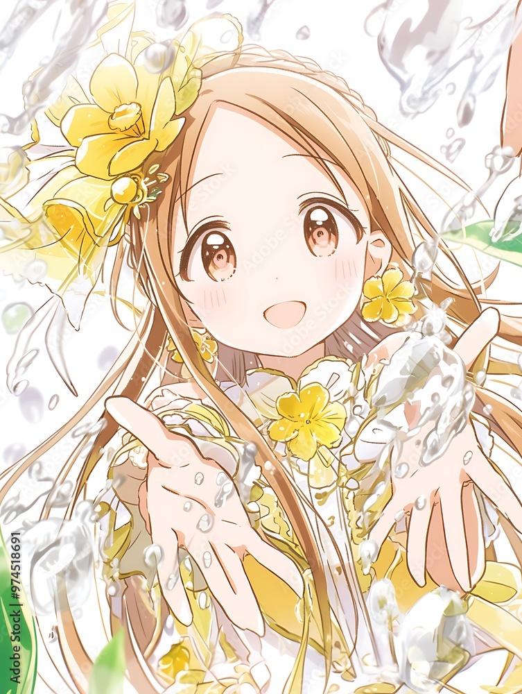 Poster Anime Girl with Yellow Flowers and Water Splashes.