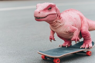 Playful pink dinosaur riding a skateboard in a whimsical city setting