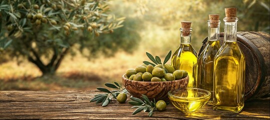 Bottle of olive oil, bowl of freshly harvested olives, old barrel on wooden table, olive tree background