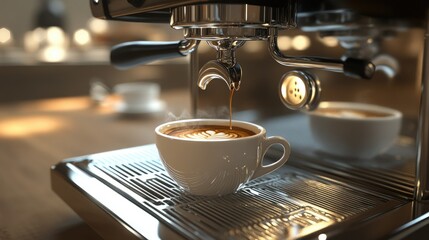 The coffee machine releases hot, dark espresso into a cup, filling the air with the scent of freshly brewed coffee.