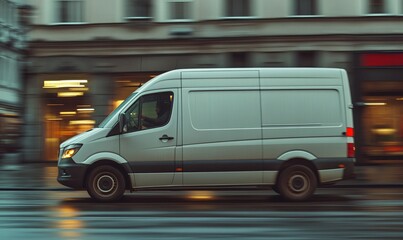 A white delivery van speeds past pedestrians on a busy urban street during the day showcasing city life in motion