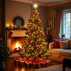 Festive Christmas tree with presents fireplace in background