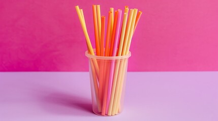 Variety of cocktail sticks in plastic container on pink and purple background