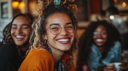 Obraz premium A group of diverse friends laughing together at a cozy coffee shop, capturing an authentic moment of connection and joy.