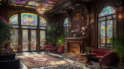 Obraz premium Grand Victorian Interior with Stained Glass Windows Ornate Ceiling and Luxurious Furnishings