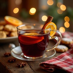 Festive mulled wine with orange and cookies on wooden table