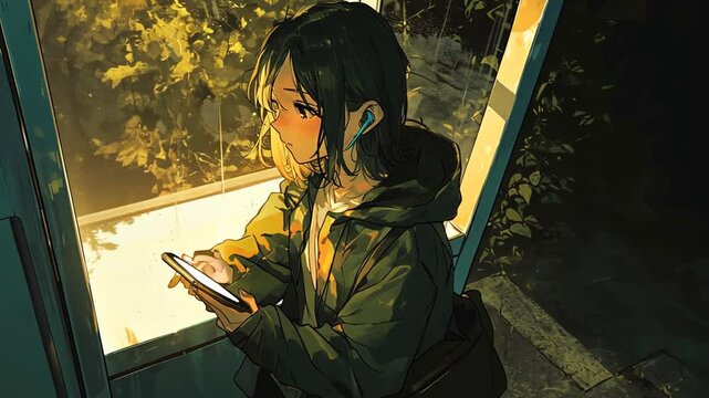Person Using Cellphone at Night Beside a Glowing Window Generative AI