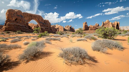 The distinctive rock formations of Arches National Park's Sand Dune Arch, with its unique archway framed by soft sand dunes and surrounding rock formations