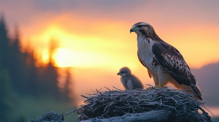 Fototapeta premium A majestic shot of a hawk and its chick in their nest, capturing the protective bond in the wild, set against a sky at dusk.