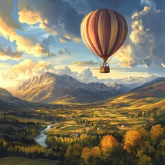 Naklejka premium Illustrate a sweeping landscape of a scenic hot air balloon adventure, highlighting the sense of thrill shared by a family as they soar high above picturesque mountains and fields