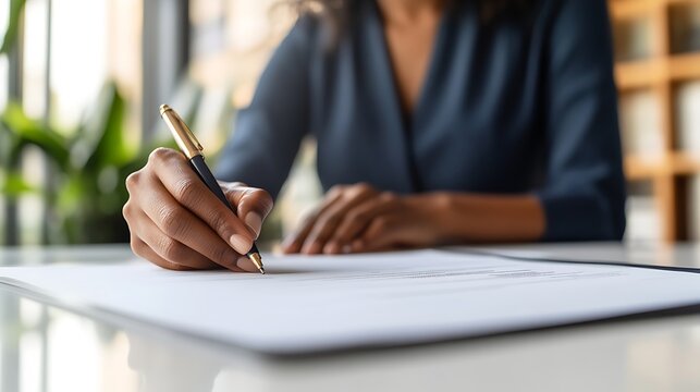A confident lawyer and her client signing a contract on a white desk with bright teal and deep navy elements, creating a clean and formal setting