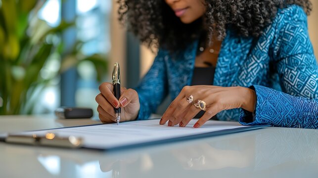 A confident lawyer and her client signing a contract on a white desk with bright teal and deep navy elements, creating a clean and formal setting