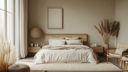 A minimalist bedroom with a neutral palette, luxury linens, and simple decor, capturing the essence of quiet luxury and restful simplicity.