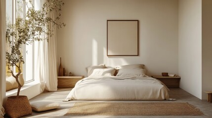 A minimalist bedroom with a neutral palette, luxury linens, and simple decor, capturing the essence of quiet luxury and restful simplicity.