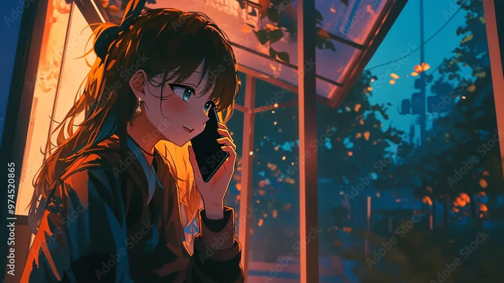 Aufkleber using a cellphone at night while waiting at a bus stop generative ai