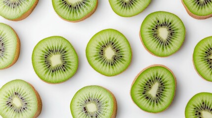 Fototapeta premium Whole and sliced kiwis spread across a white background, their green flesh and brown skin creating a bold, fresh contrast.