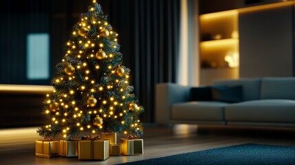 Decorated Christmas Tree with Gold Ornaments and Gifts in Modern Interior