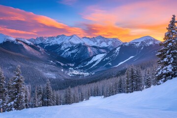 Snowy Mountain Range with Pink Sunset and Forest