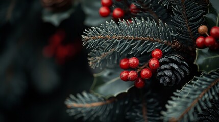 Christmas Berries on Evergreen Branch with Pine Cone