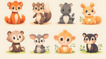 Obraz premium Eight Adorable Cartoon Animals Sitting on a Light Brown Background
