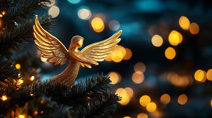 Golden Angel Christmas Tree Ornament with Festive Lights