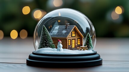 Miniature Wooden Cabin Snow Globe with Snowman  Christmas Lights and Trees