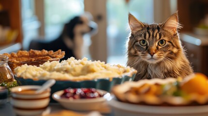 fluffy cat sitting near a table full of food with a dog in the background