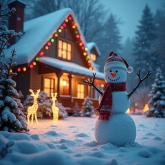 Obraz premium Cozy winter house with Christmas decorations and snowman in snowy night scene