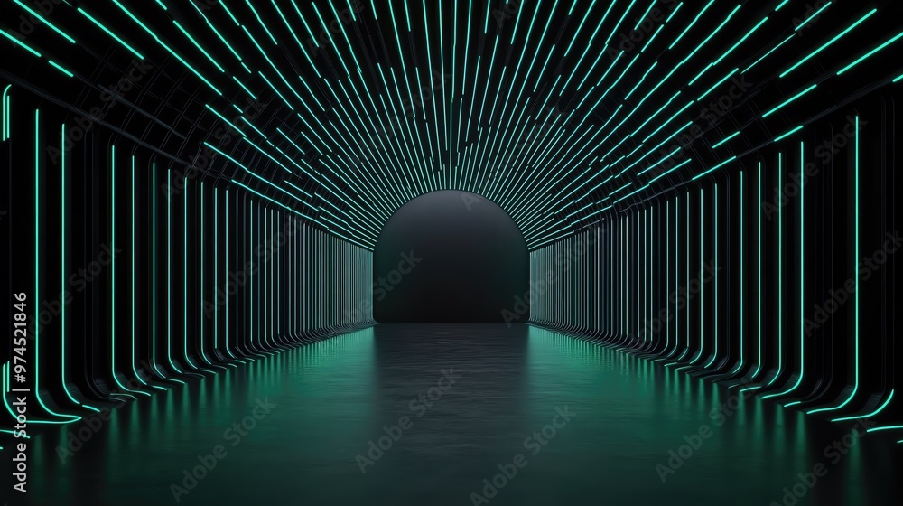 Poster futuristic tunnel illuminated with vibrant green lines, creating an immersive and dynamic atmosphere