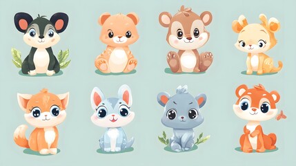 Adorable Cartoon Animals with Big Eyes and Soft Features