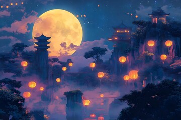A night scene of a Mid-Autumn Festival lantern display.