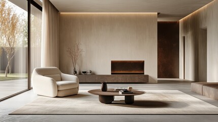 A minimalist living room with muted color tones, featuring a single elegant armchair and a simple coffee table, embodying quiet luxury and understated elegance.