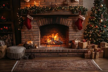 cozy fireplace adorned with festive garland and stockings warm glow illuminating rustic living room christmas tree twinkling in background