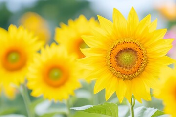 Obraz premium A vibrant sunflower blooms against a soft-focus background, capturing the essence of summer beauty and nature's brilliance.