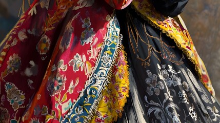 A Catalan costume worn by a performer in a parade, showcasing intricate embroidery and bright colors.