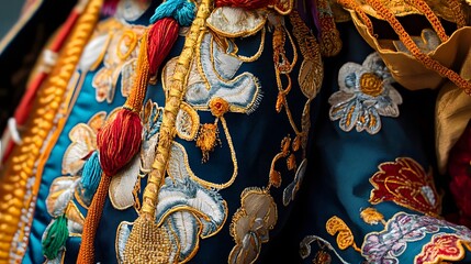 A detailed view of a traditional Catalan costume worn by a performer in a parade.