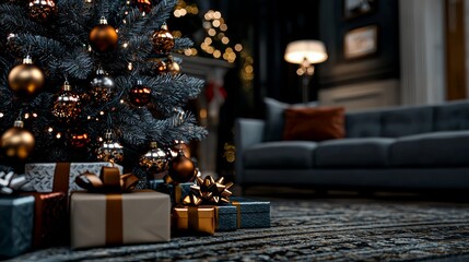 Christmas Tree with Gifts and Lights in Cozy Living Room