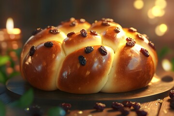 A close-up of a traditional round challah with raisins placed on a festive table for Rosh Hashanah