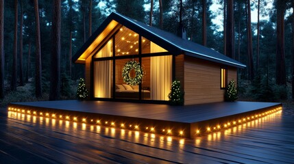 Fototapeta premium Cozy Cabin in the Woods with Christmas Lights and Wreath