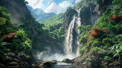 The dramatic waterfall tumbles down a steep mountain slope, with the water crashing into a clear pool and sending a fine mist into the air