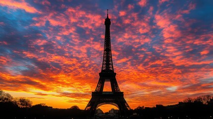 The Eiffel Tower against a dramatic sunset sky, with warm hues creating a striking contrast with the dark silhouette of the landmark