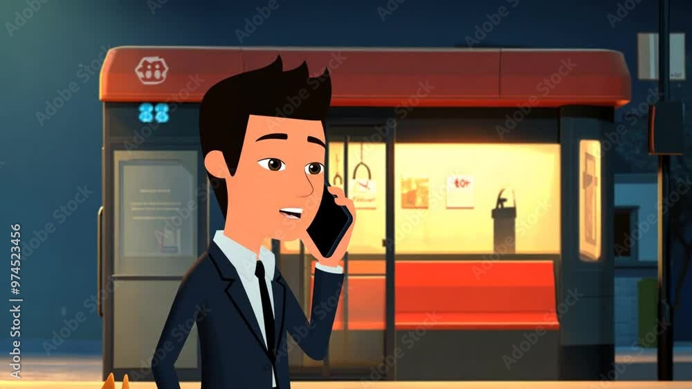 Poster person using cellphone at a bus stop during nighttime in a city generative ai