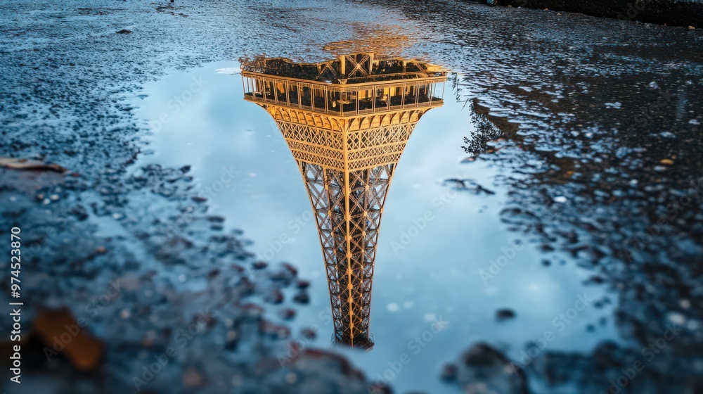 Poster the eiffel tower reflected in a nearby puddle after rain, creating a mirrored image of the iconic st