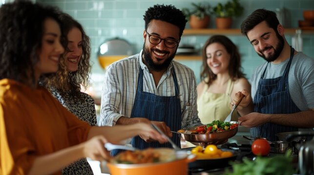 Naklejki A multiracial group of friends cooking together in a home kitchen, capturing the joy of shared experiences and cultural exchange.