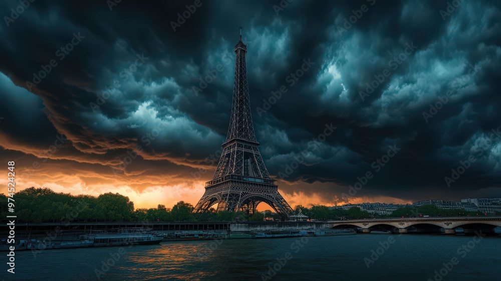 Poster the eiffel tower under a dramatic stormy sky, with dark clouds adding a powerful and dramatic backdr